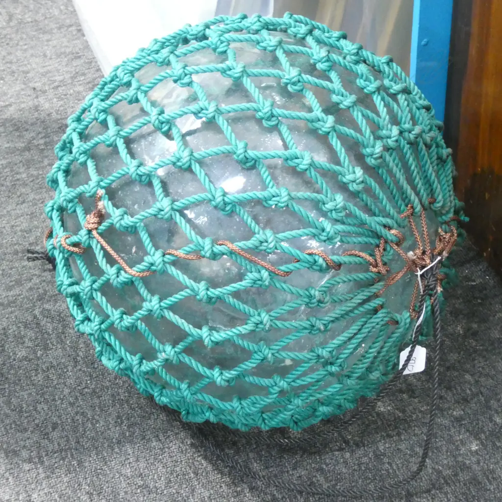 OLD LARGE GLASS FISHING FLOAT WITH NETTING Dia.390mm Image 1++