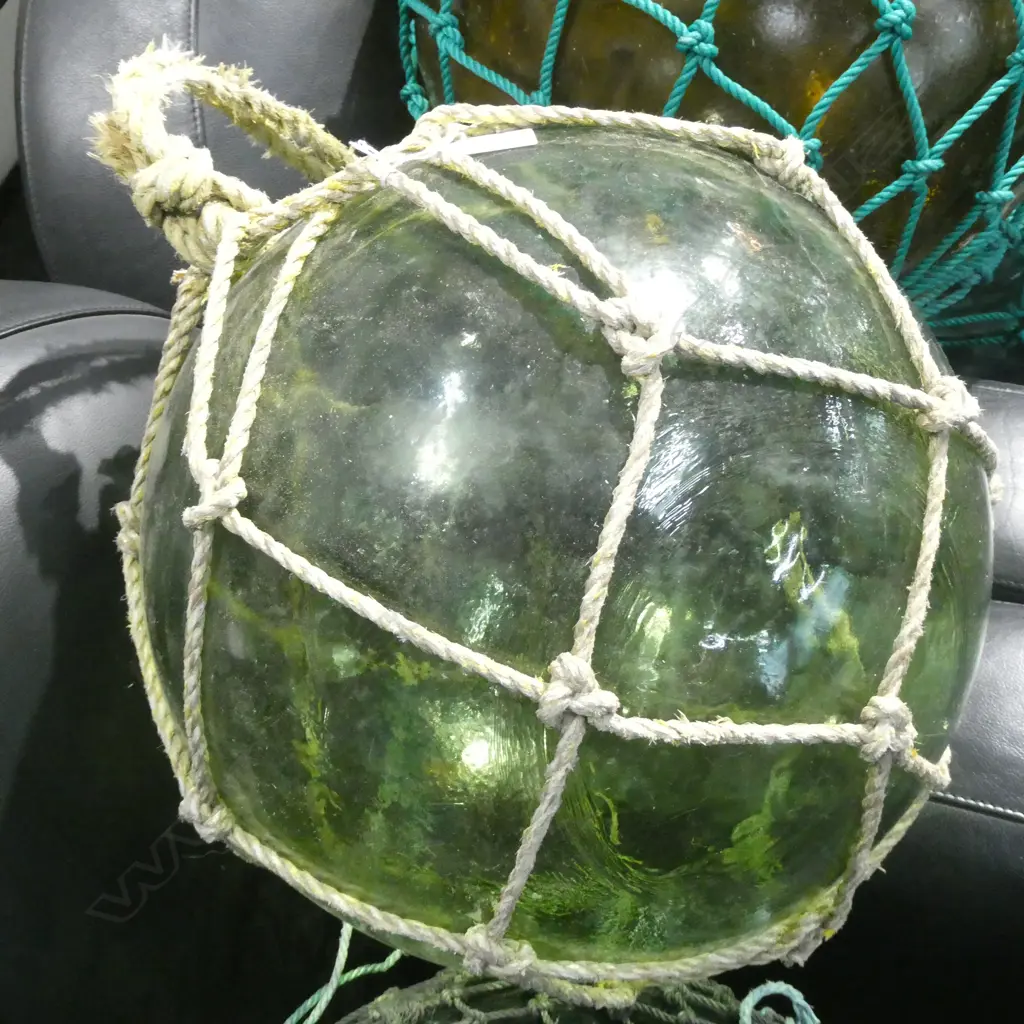 OLD GLASS LARGE FISHING FLOAT WITH NETTING Dia.370mm Image 1++