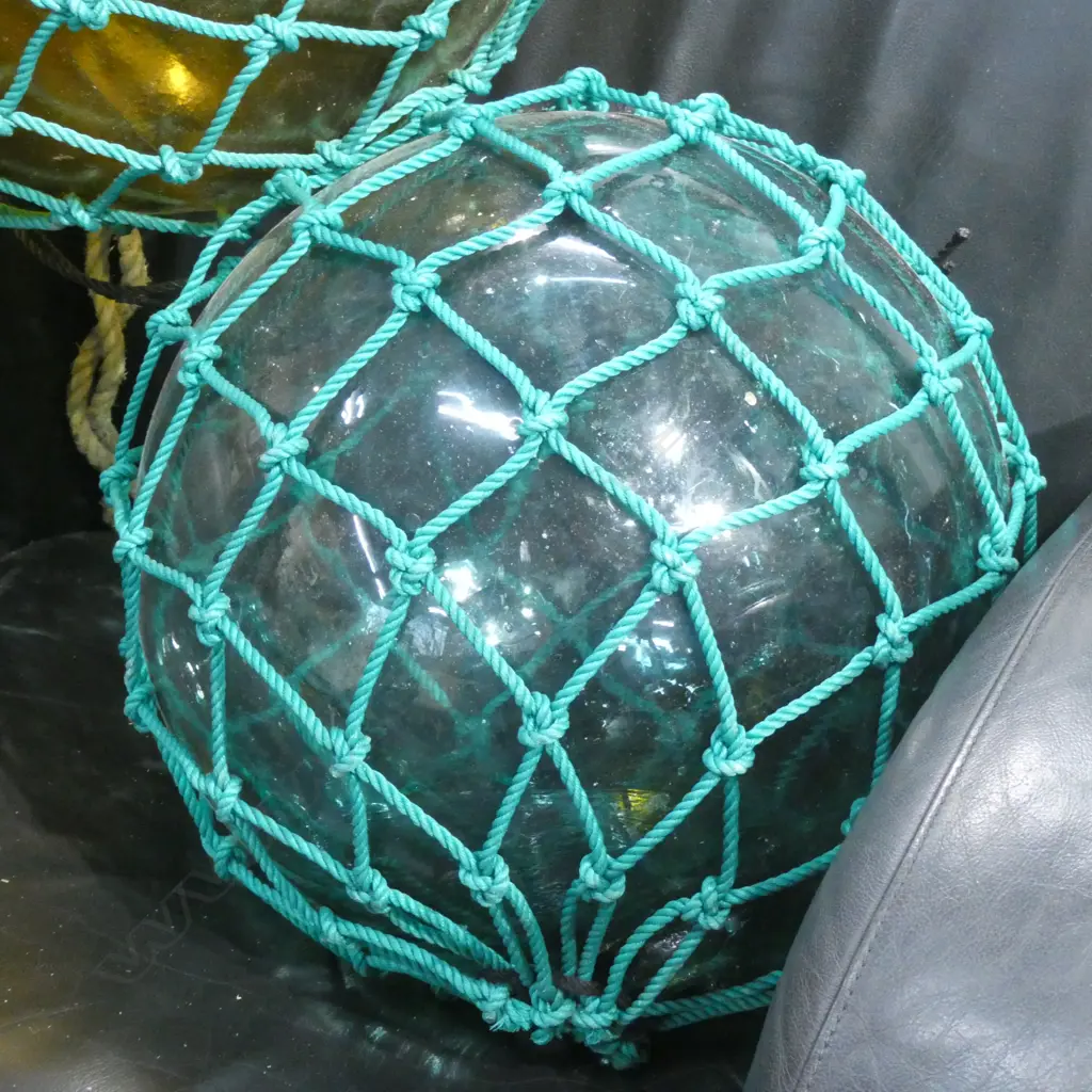 OLD LARGE GLASS FISHING FLOAT WITH NETTING Dia.380mm Image 1++