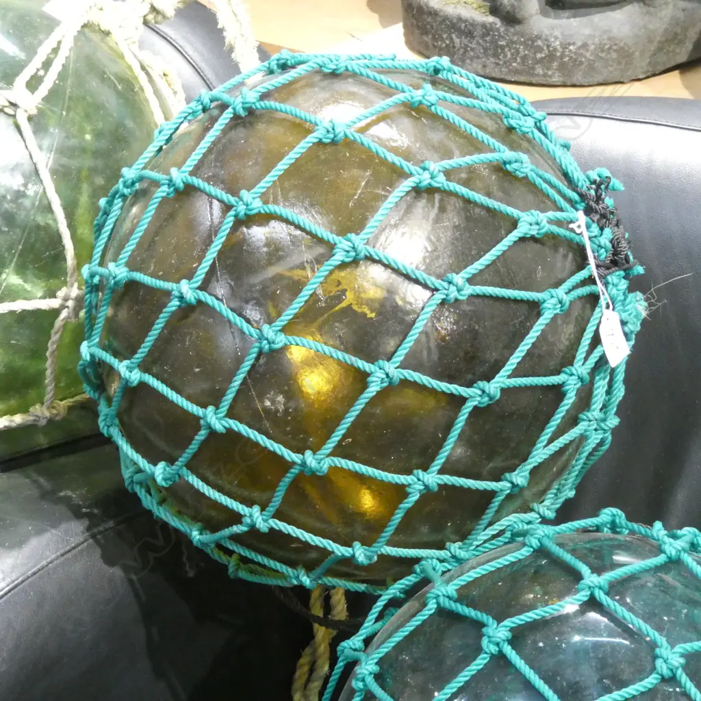OLD GLASS LARGE FISHING FLOAT WITH NETTING Dia.380mm Image 1++
