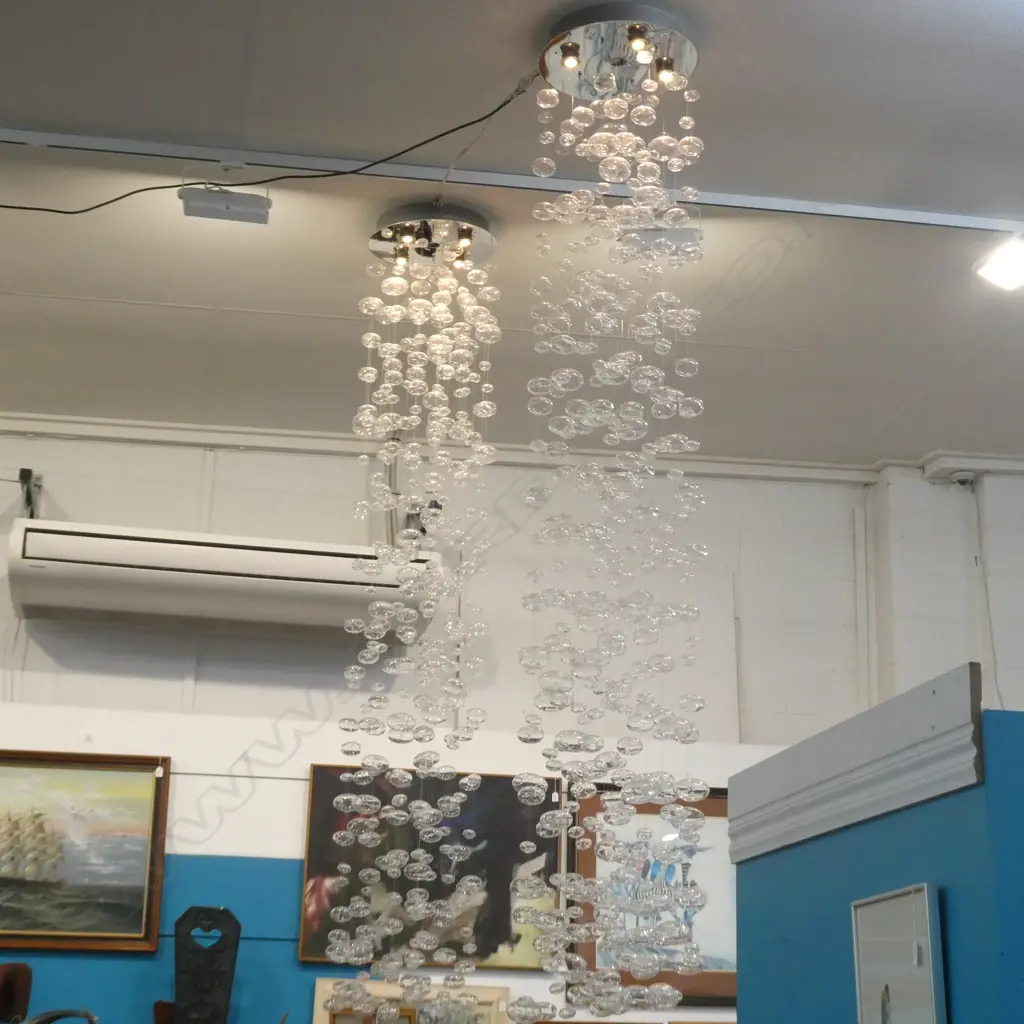 CONTEMPORARY CEILING LIGHT FITTING of 20 WIRE SUSPENDED GLASS BAUBLES H.2.2m (possibly minor losses) Image 1++