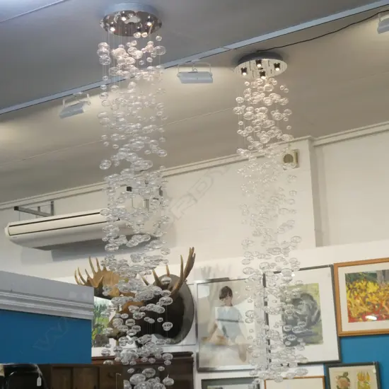 CONTEMPORARY CEILING LIGHT FITTING of 20 WIRE SUSPENDED GLASS BAUBLES H.2.2m (possibly minor losses)