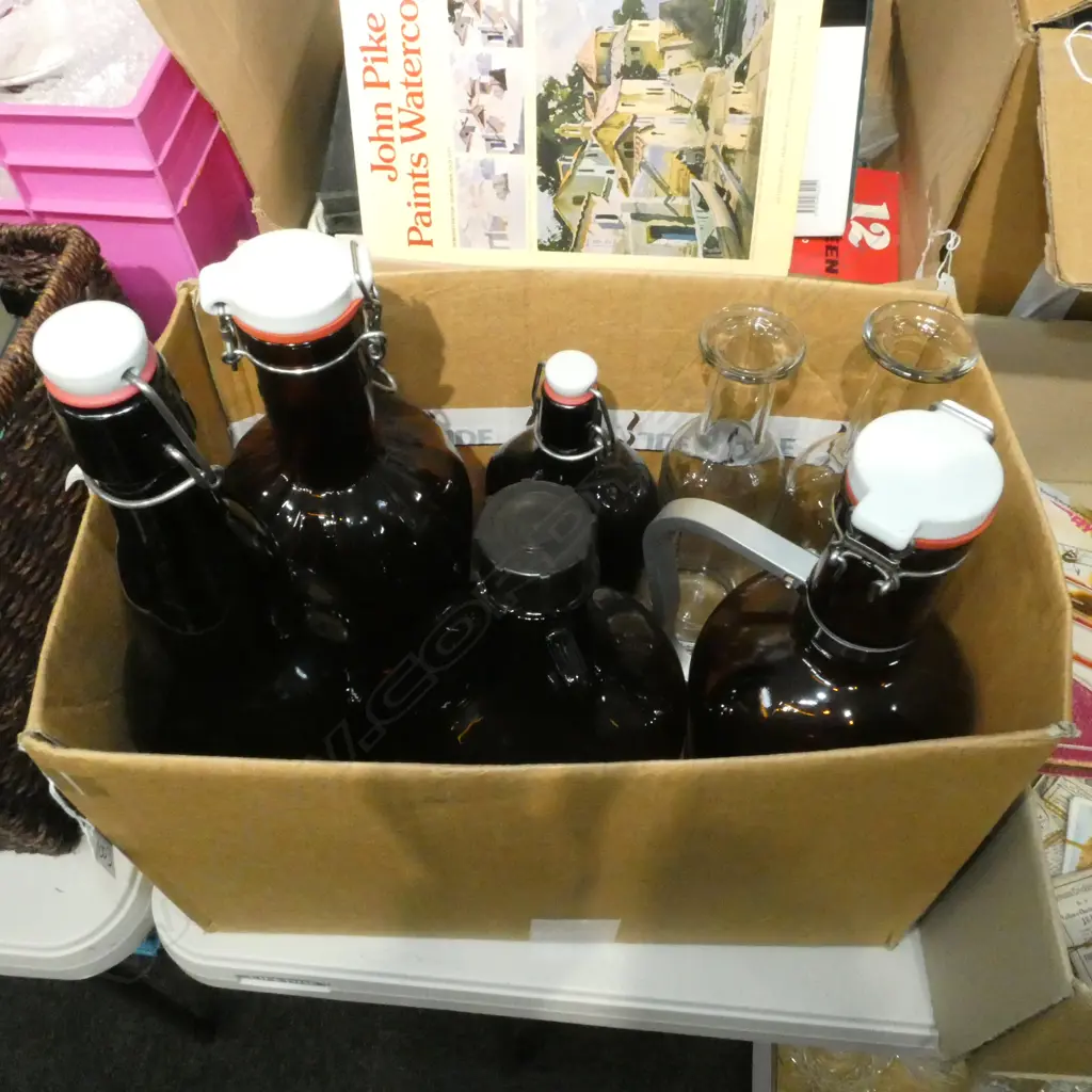 BOX LOT ASST. BEER FLAGONS & WINE CARAFES  Image 1++