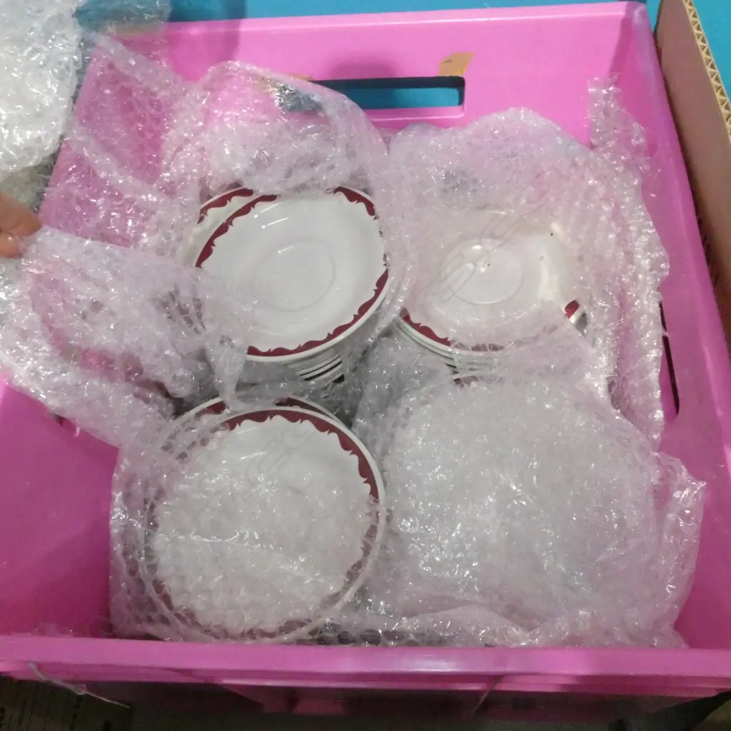 CRATE BRISTILE SUPER VITRIFIED HOTEL CHINA BURGUNDY & WHITE SAUCERS  APPROX 70 Image 1++