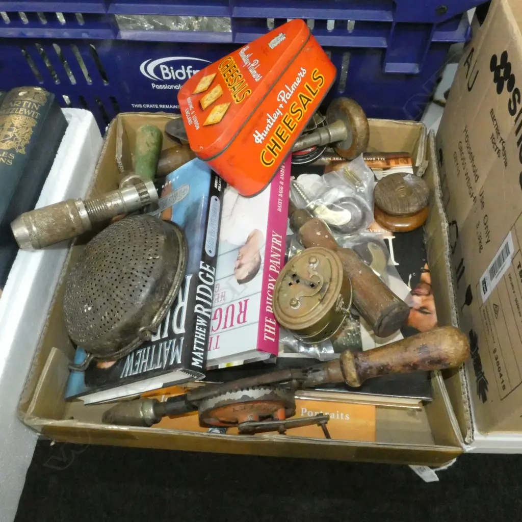 BOX LOT RUGBY BOOKS, TOOLS, 4 CASTORS ETC Image 1++
