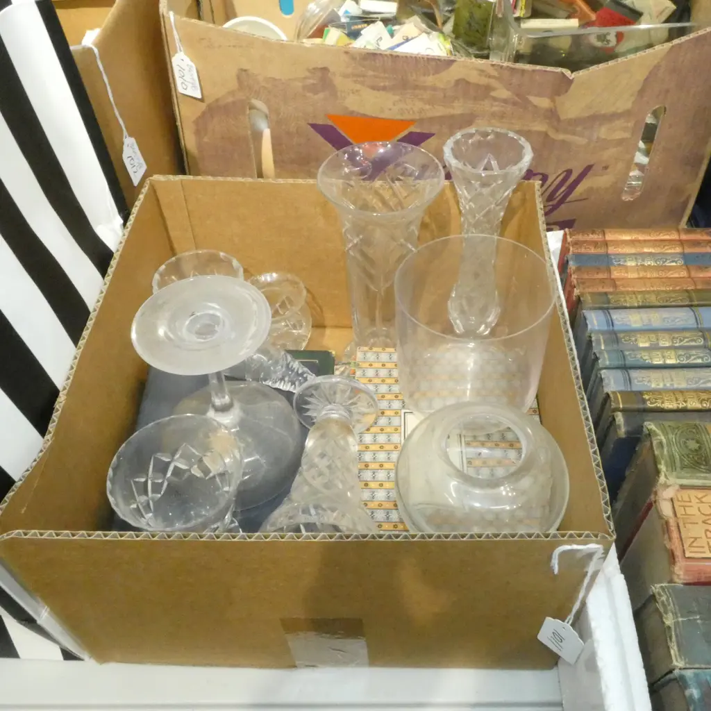 BOX LOT ASST. CRYSTAL & SHEET MUSIC ETC Image 1++