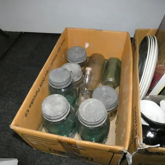 BOX LOT ASST. VINTAGE CANNING JARS ETC