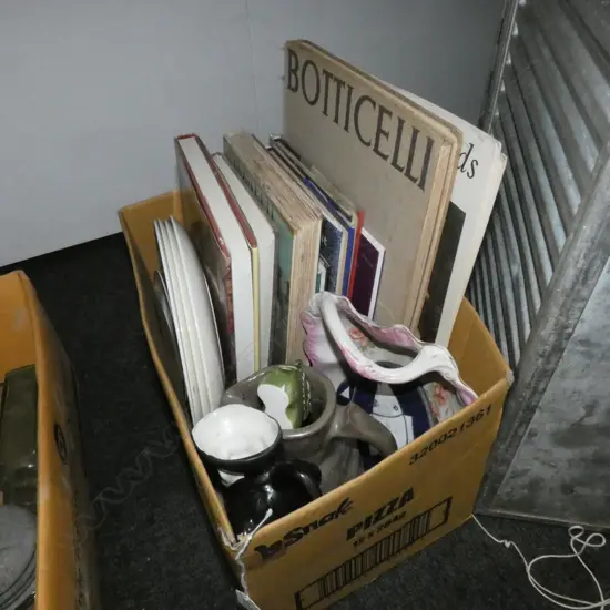 BOX LOT VINTAGE BOOKS + ASST. CERAMICS