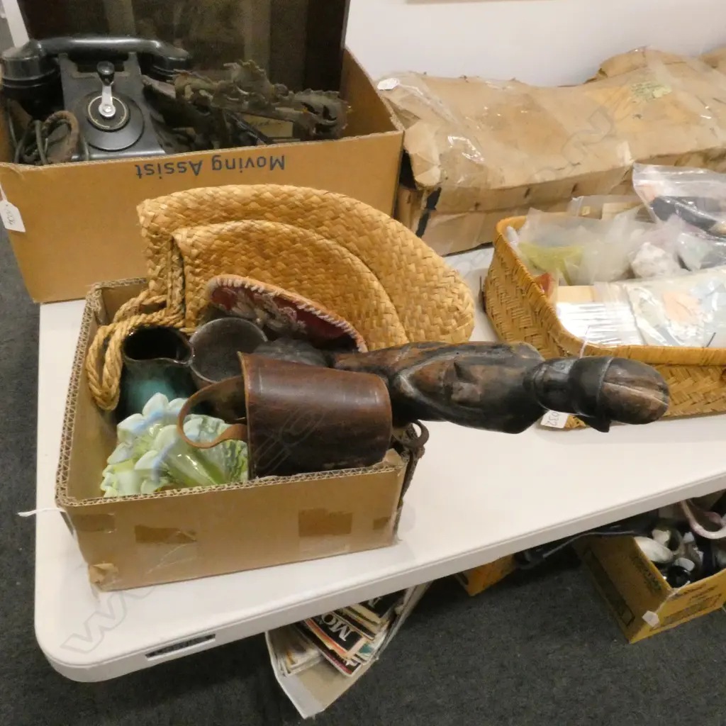 BOX LOT KETE, TALL AFRICAN FIGURE, CAMERA ETC Image 1++