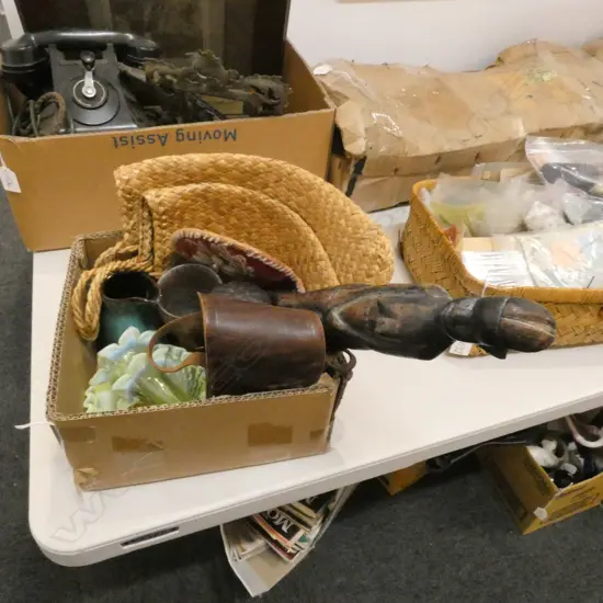 BOX LOT KETE, TALL AFRICAN FIGURE, CAMERA ETC