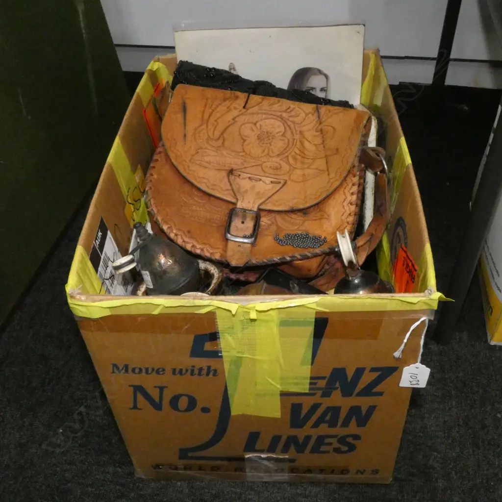 BOX LOT ASST. VINTAGE TINS, TOOLED LEATHER BAG, VINTAGE DROP LIGHT WEIGHTS ETC Image 1++