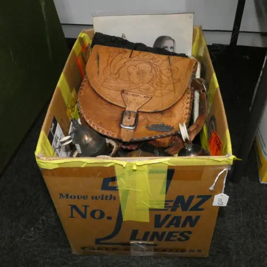 BOX LOT ASST. VINTAGE TINS, TOOLED LEATHER BAG, VINTAGE DROP LIGHT WEIGHTS ETC
