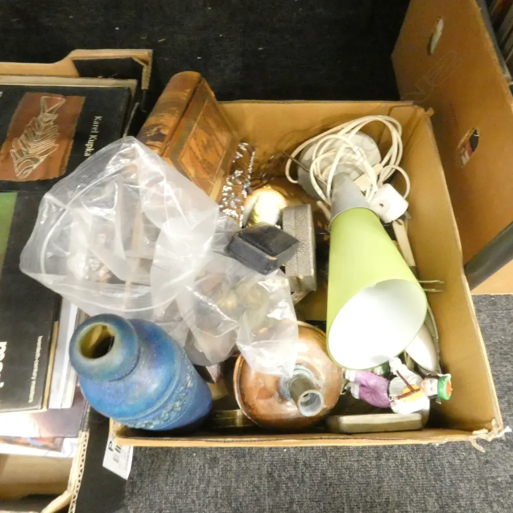 BOX LOT ASST. VINTAGE BOXES, CERAMICS, LAMP ETC Image 1++