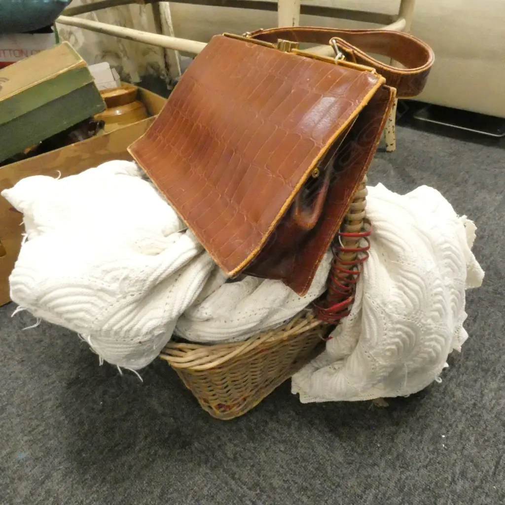 WOVEN BASKET WITH FAUX ALLIGATOR BAG, SCARVES ETC  Image 1++