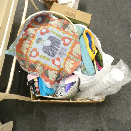 LARGE LOT OF ASST FABRICS AND CUSHIONS W/PAPER ETC