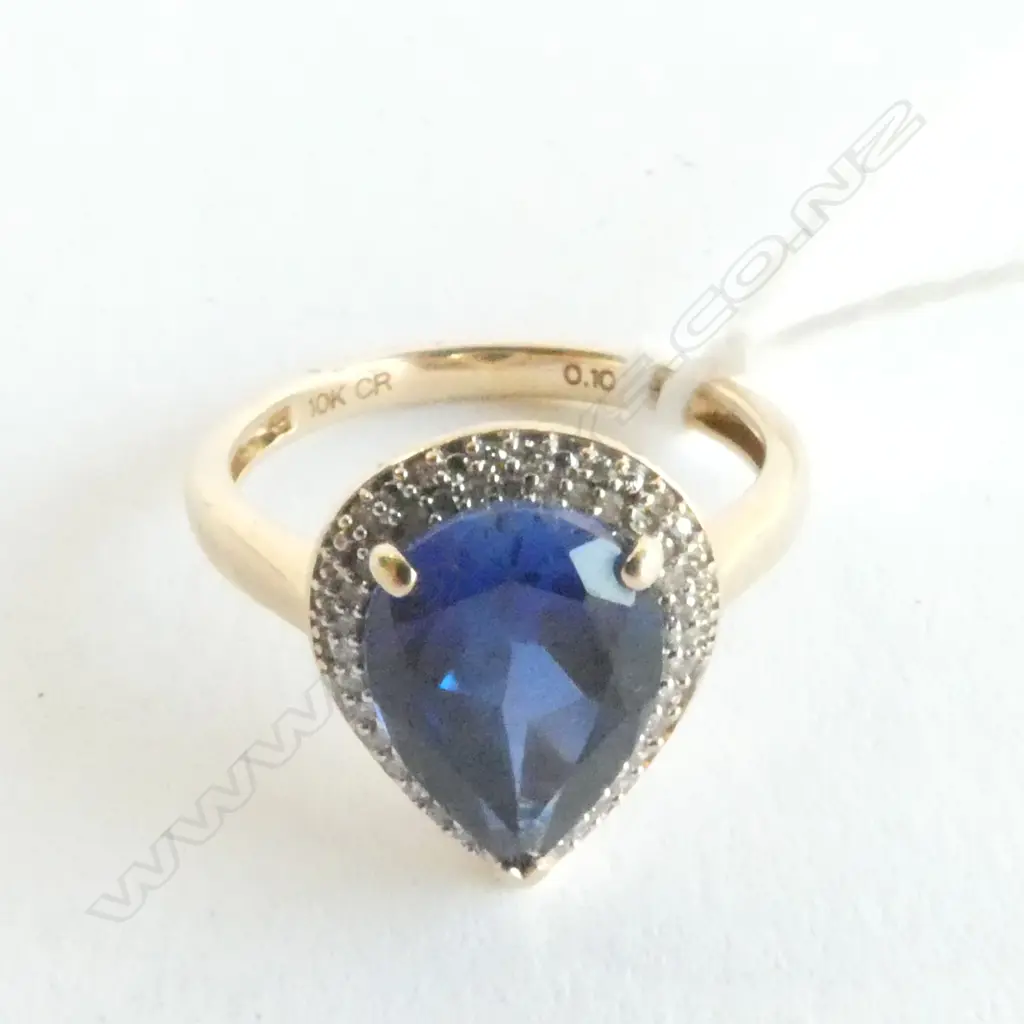 TEARDROP SYNTHETIC SAPPHIRE & NATURAL DIAMOND RING SET IN 10CT GOLD Image 1++