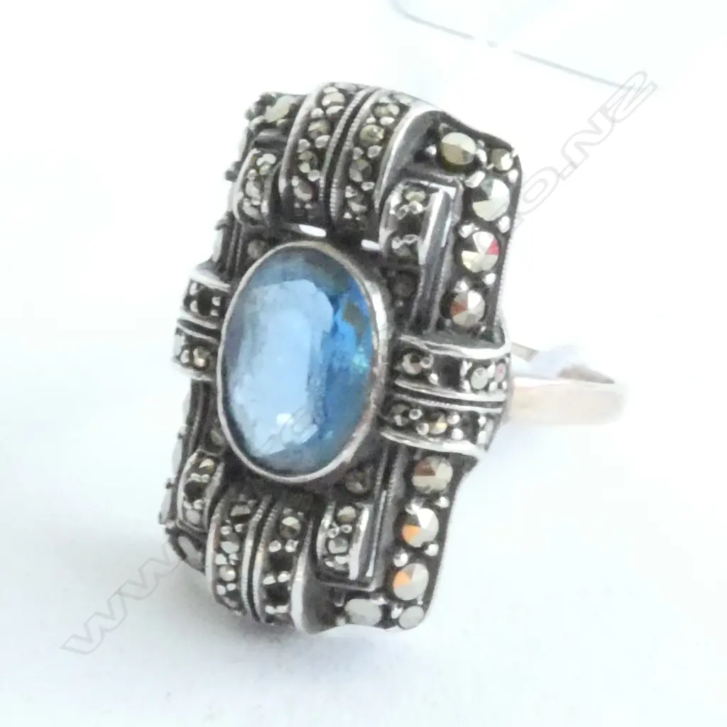 ART DECO MARCASITE & BLUE PASTE RING Image 1++