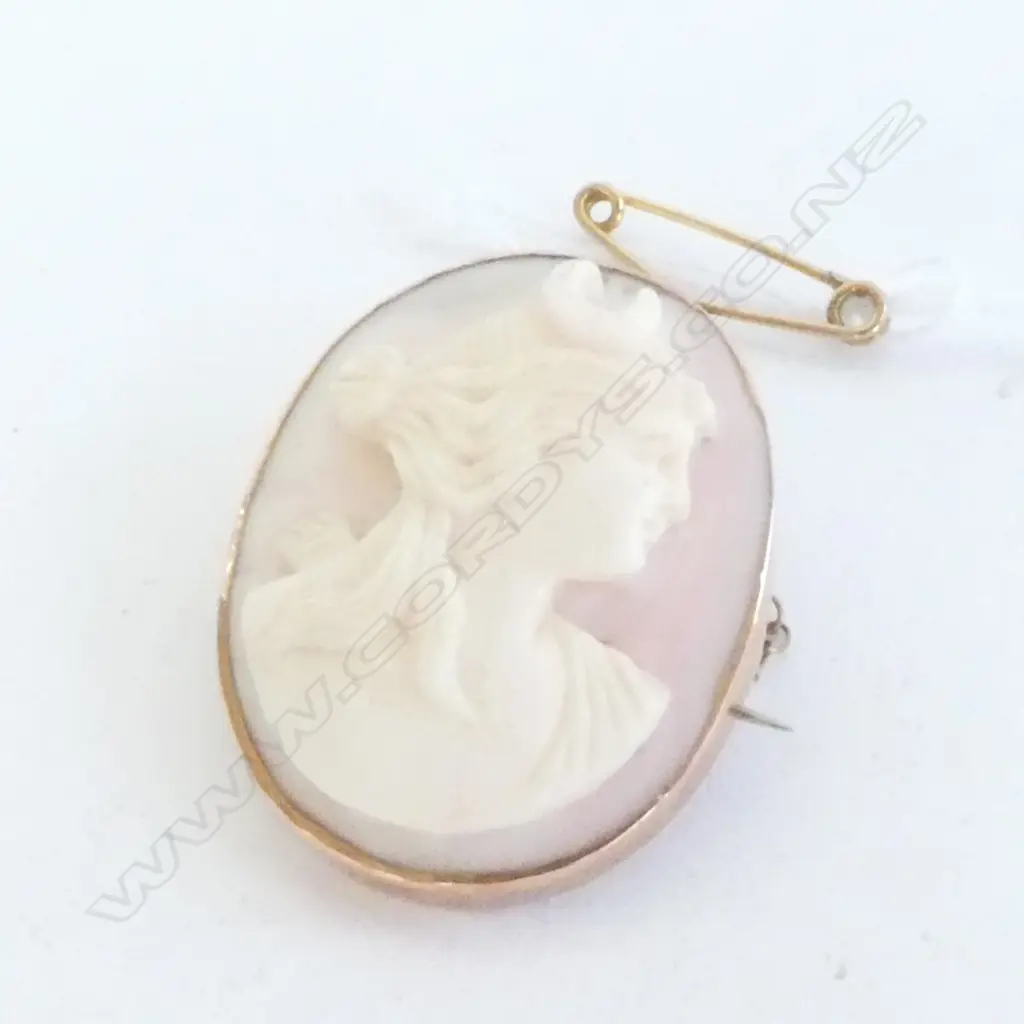 CAMEO BROOCH & SAFETY CHAIN, NOT STAMPED BUT TESTS AS 9ct GOLD Image 1++