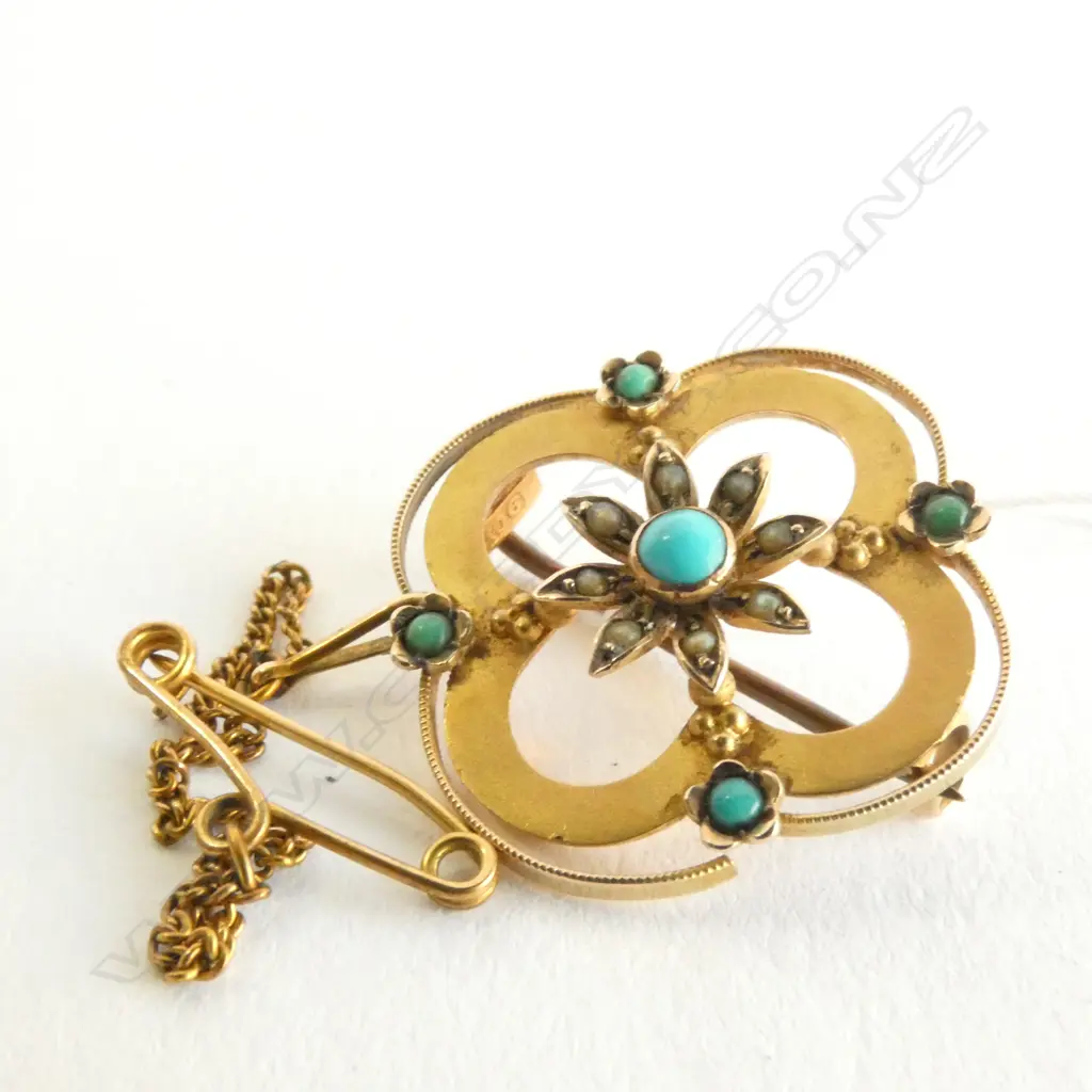 9CT GOLD PEARL/TURQUOISE BROOCH 2.34gm Image 1++