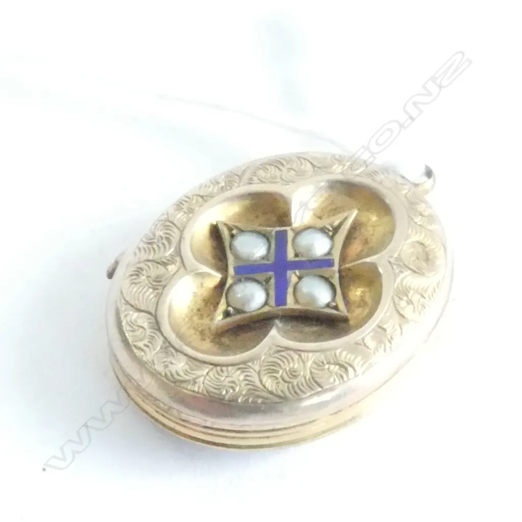 VICTORIAN LOCKET, GOLD PLATED, SEED PEARL AND ENAMELLED Image 1++