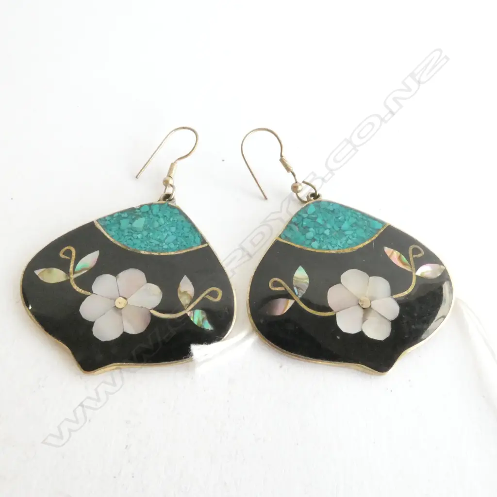EARRINGS, ENAMEL AND INLAY ON SILVER, APPROX 40mm WIDE Image 1++