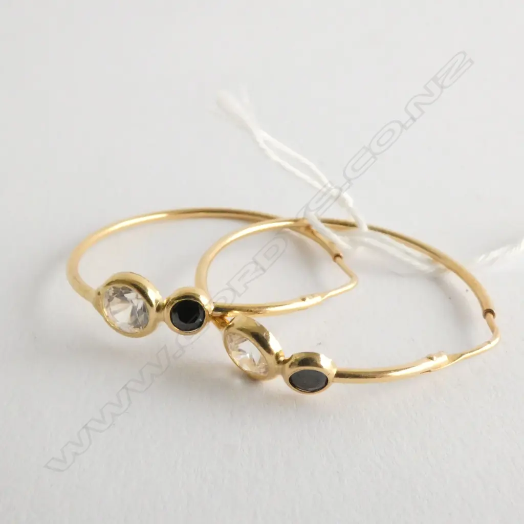 EARRINGS, HOOPS, 18ct GOLD, BLUE AND WHITE STONES, 3.8gm TOTAL Image 1++