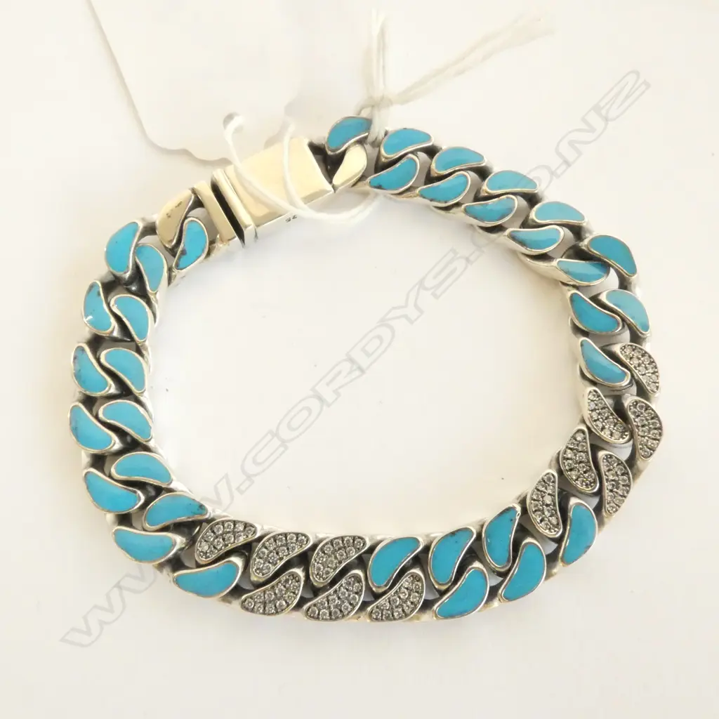 SILVER FLAT CURB LINK BRACELET WITH BLUE ACCENTS 45gms Image 1++