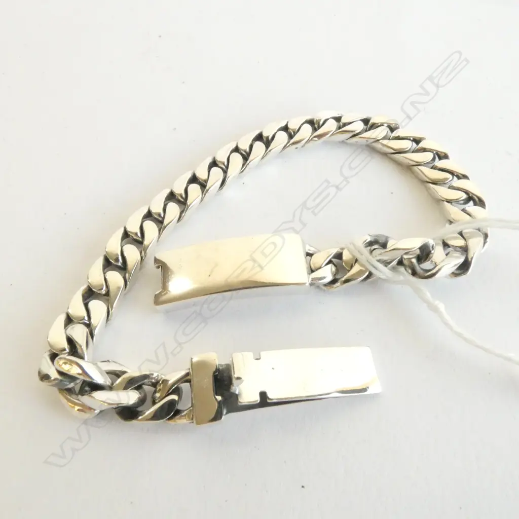 SILVER FLAT CURB LINK BRACELET PLAIN PUSH-IN CLASP 36gms Image 1++
