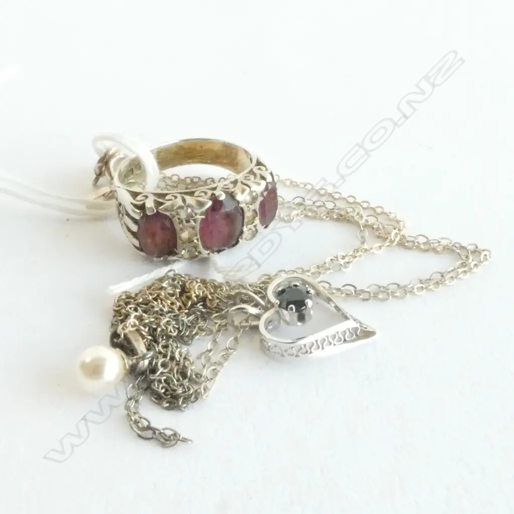 STG & PURPLE STONE RING + 2 STG PENDANT NECKLACES Image 1++
