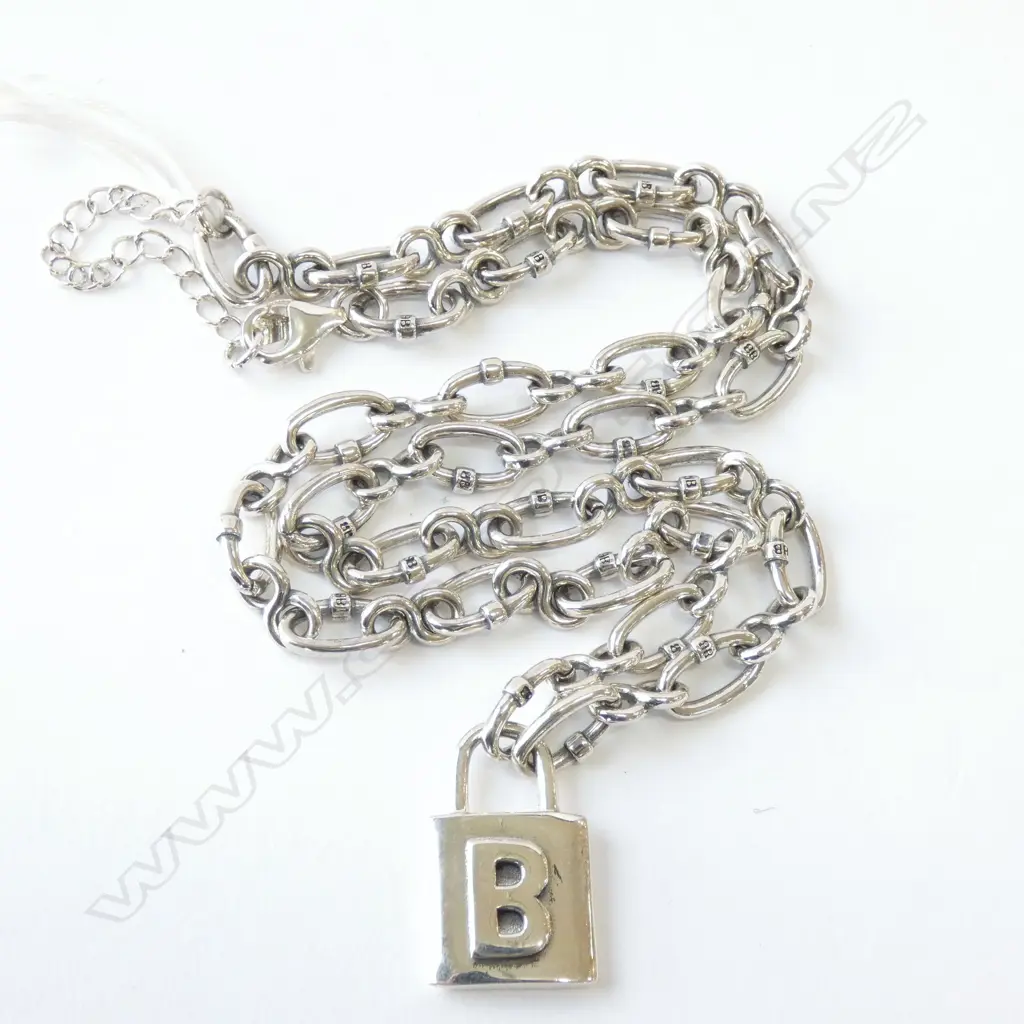 SILVER CHAIN LINK NECKLACE WITH BALENCIAGA LOCKET PENDANT 34gms Image 1++