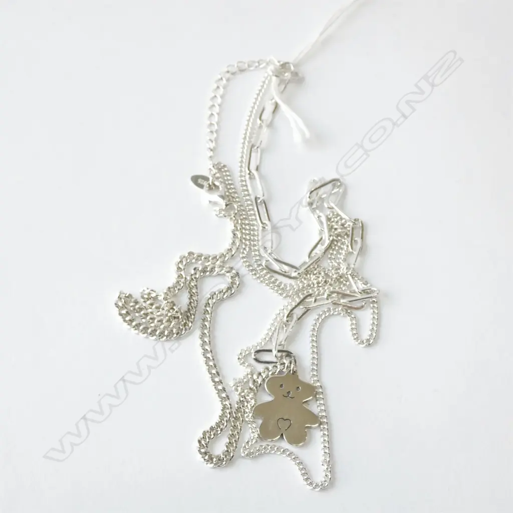 SILVER DOUBLE CHAIN NECKLACE W TEDDY BEAR PENDANT 18gms Image 1++
