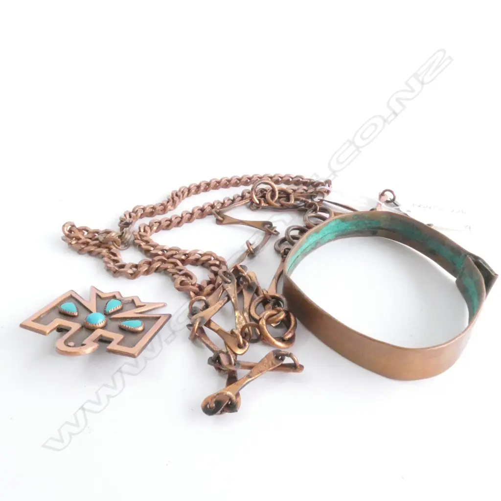 COPPER JEWELLERY; NECKLACE 820MM, NECKLACE 48MM, BANGLE, BROOCH WITH TURQUOISE L.42MM Image 1++