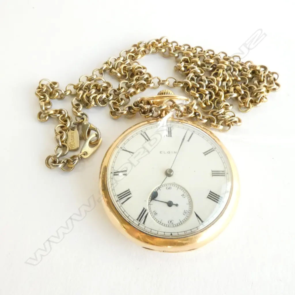 14CT GOLD ELGIN POCKET WATCH 55gm INCLUDING MOVEMENT, (CHAIN IS COSTUME) Image 1++
