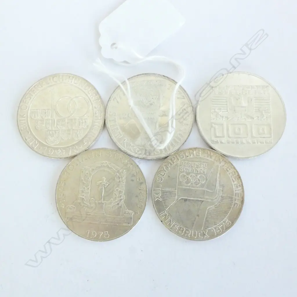 AUSTRIAN SILVER 100 SCHILLING COINS, .4938OZ OF SILVER IN EACH COIN, 1974, 1975, 1976, 1977, 1978, 5 COINS ALMOST 2.5 OZ Image 1++