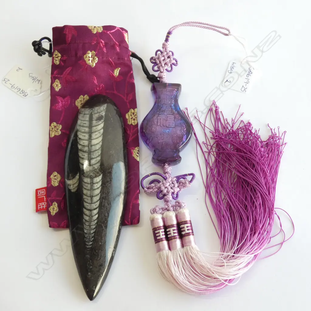 ORIENTAL PURPLE GLASS CHARM WITH TASSLE & ENGRAVED STONE  Image 1++