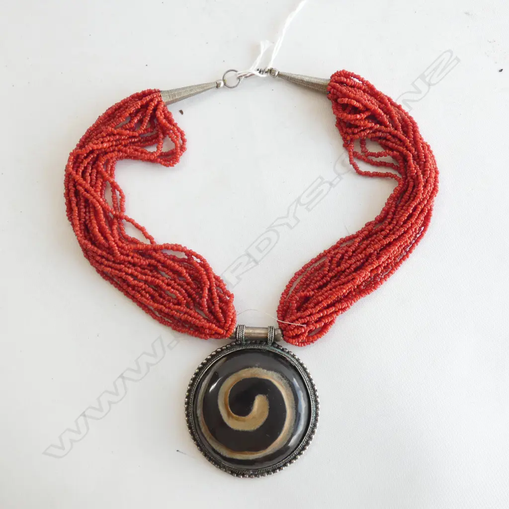 OLD MULTI STRAND RED CORAL NECKLACE & PENDANT Image 1++