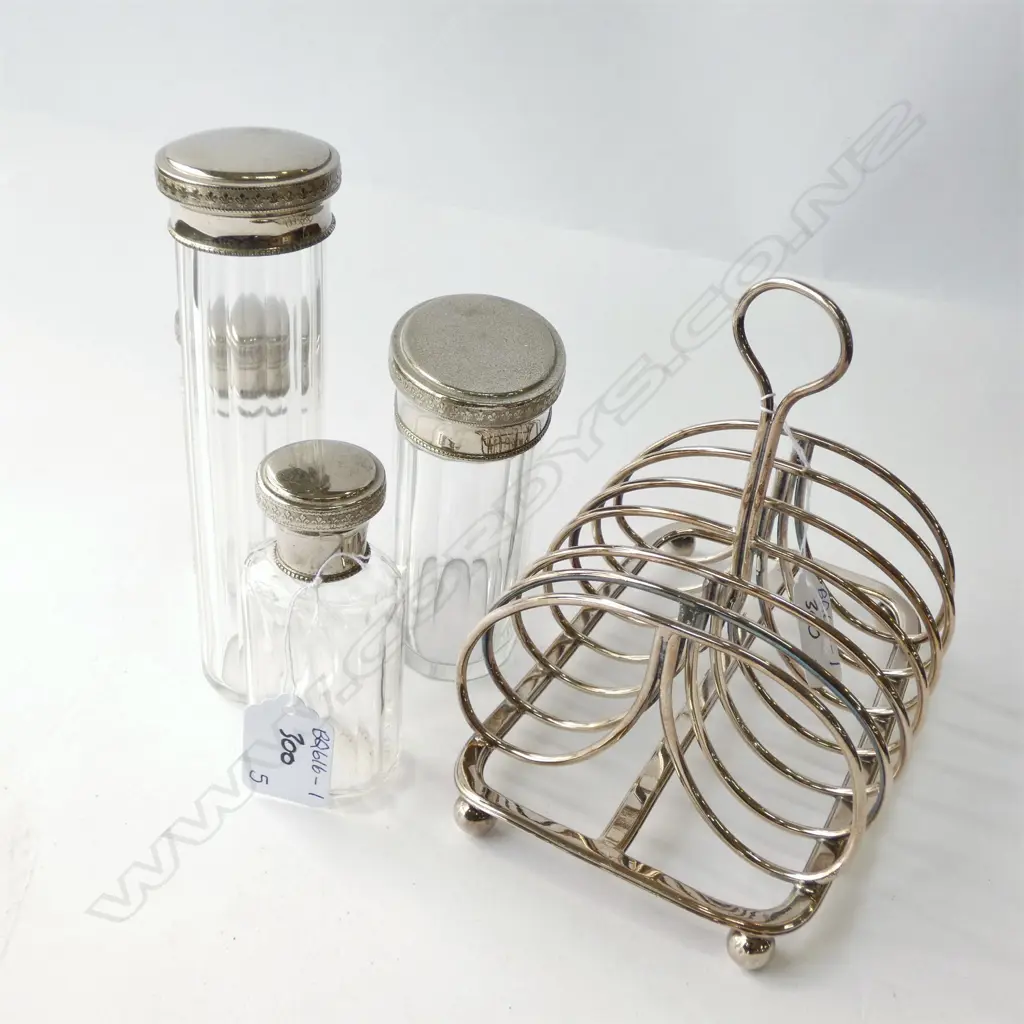 FOUR GLASS & SILVER PLATE TOPPED VANITY JARS & 6-SLICE TOAST RACK Image 1++
