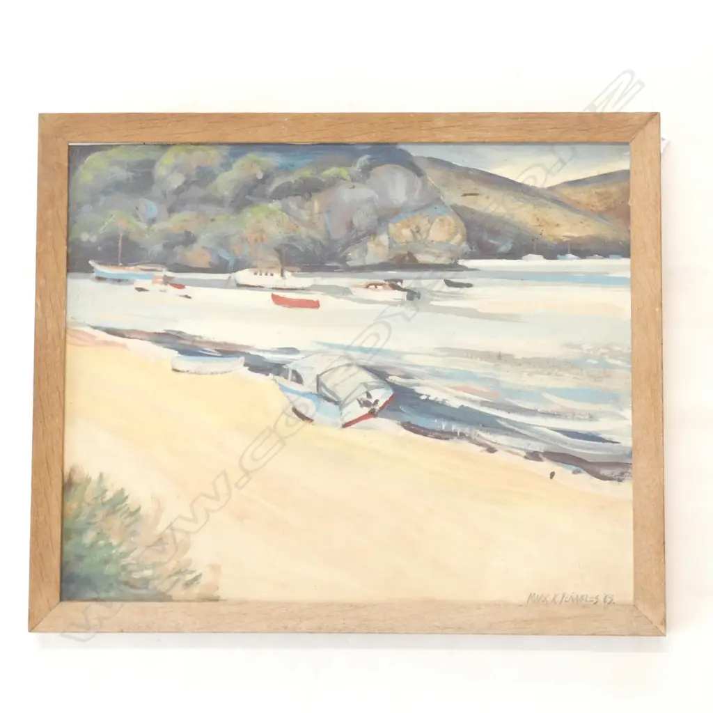 MARK K.VENABLES (1917-2003) OIL ON BOARD NZ SUMMER BEACH WITH BOATS IN HARBOUR, signed & dated 67, 355 x 440mm Image 1++