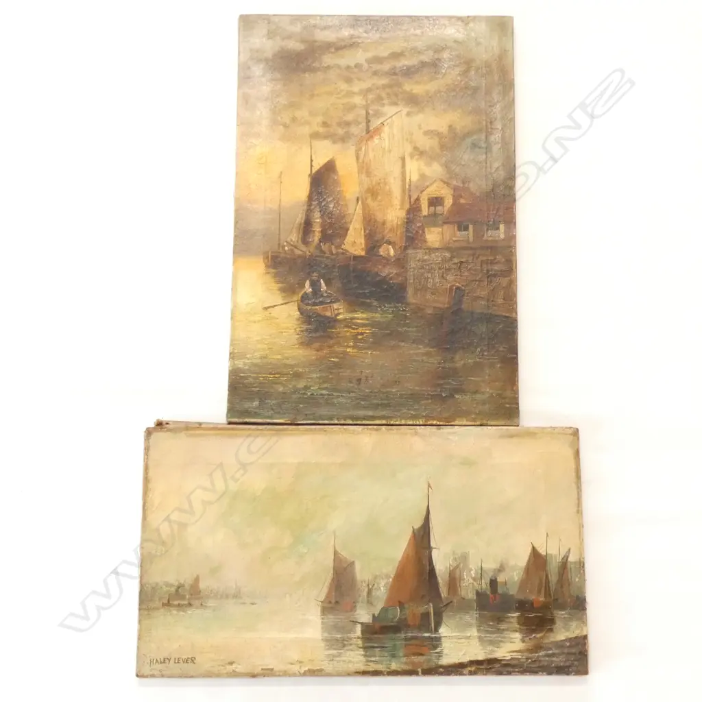 J CLAYTON AND H LEVER (2) OIL ON CANVAS  MARITIME SCENES, unframed .250 x 455mm Image 1++