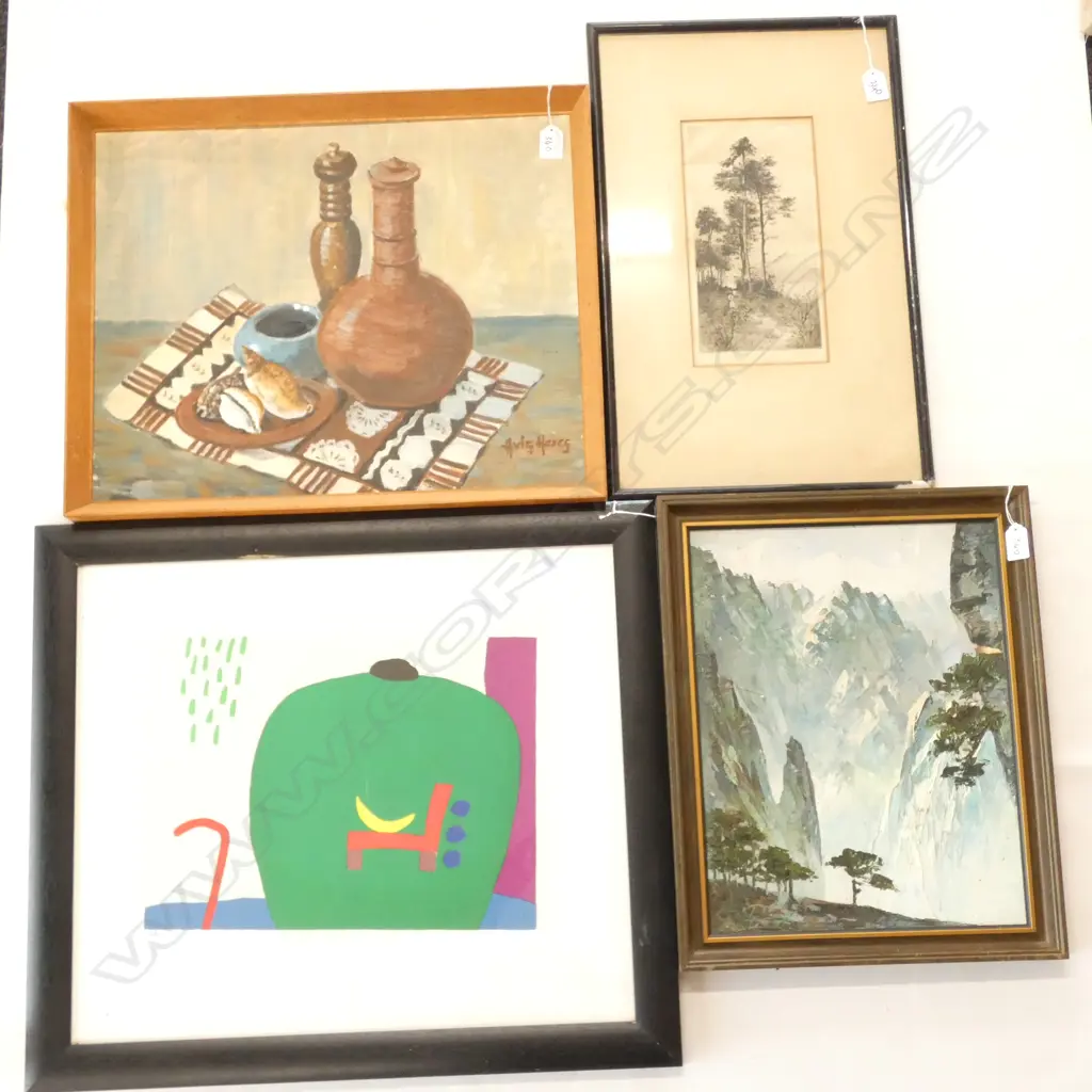 4 ARTWORKS; JACKSON SIMPSON BEN LOMOND PINE ETCHING, MOUNTAINS OIL, PRINT, AVIS ACRES STILL LIFE OIL 400 X 500MM Image 1++