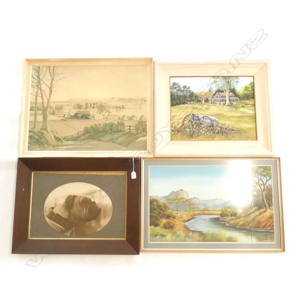 4 ARTWORKS; 19thC DOG PHOTO, F. HALL OIL LANDSCAPE, AFRICAN LANDSCAPE OIL, GAIR PRINT 470 X 625MM Image 1++