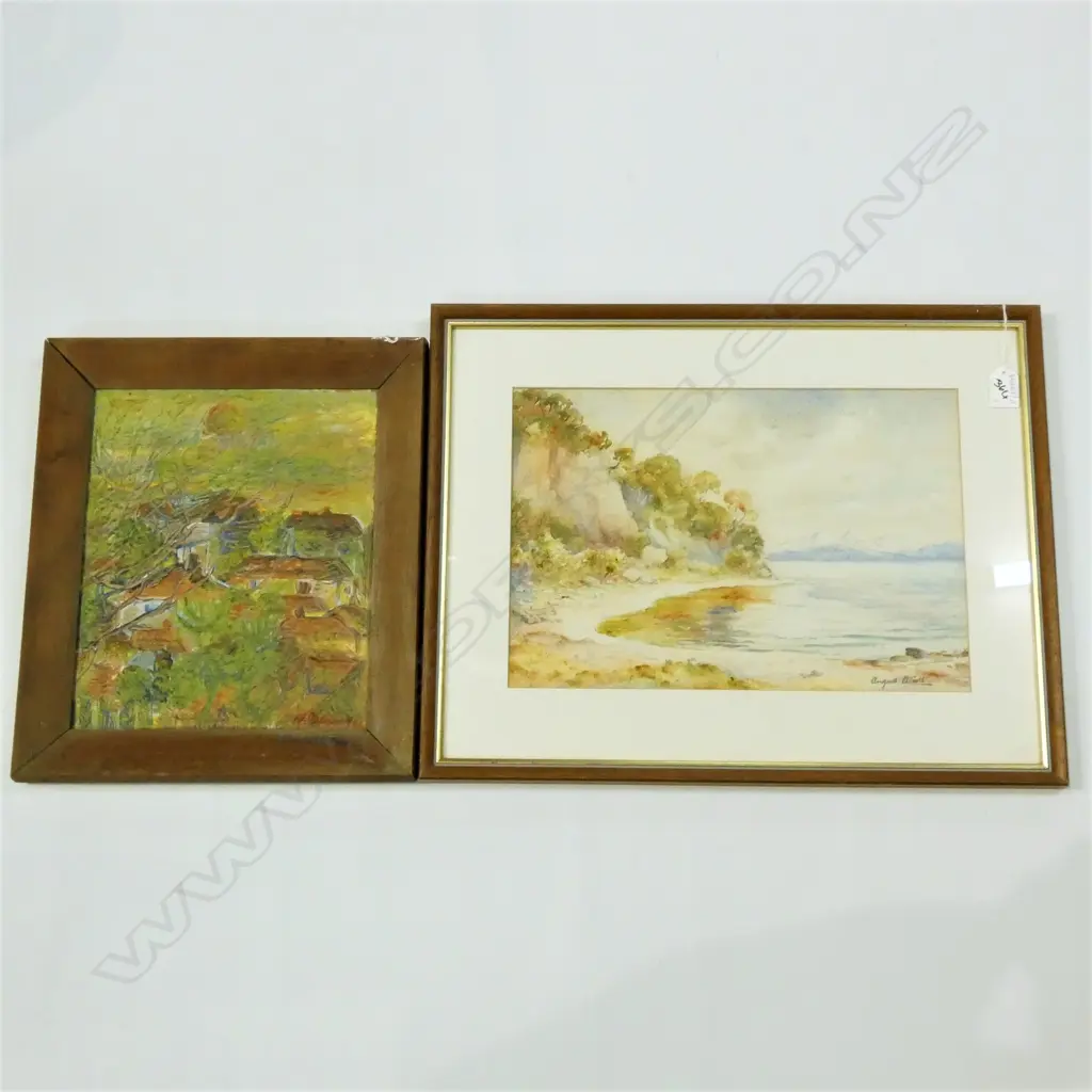 2 ARTWORKS; RAINER OIL ON BOARD + ANGUS ELLIOT 'THE 3 MOUNTAINS FROM LAKE TAUPO' W/C 260 X 375MM Image 1++