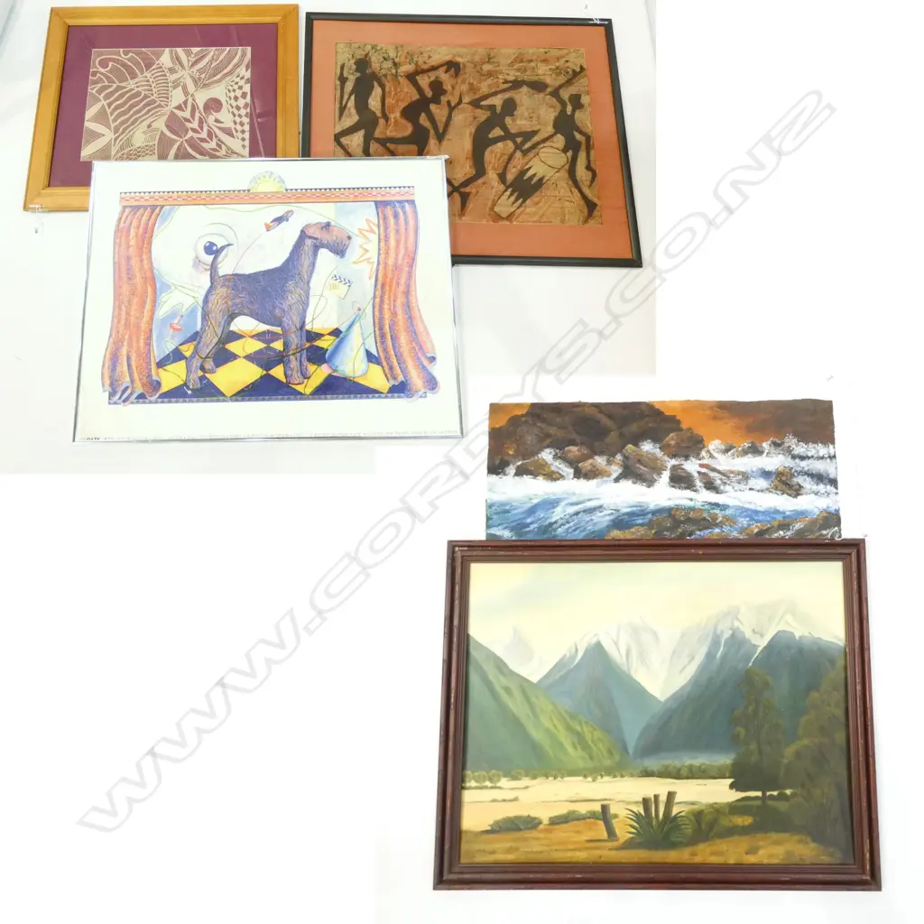 5 ARTWORKS; RED PACIFICA PRINT, J.R.CONWAY LANDSCAPE 545 X 695MM, SEA OIL, DOG PRINT, AFRICAN FABRIC Image 1++