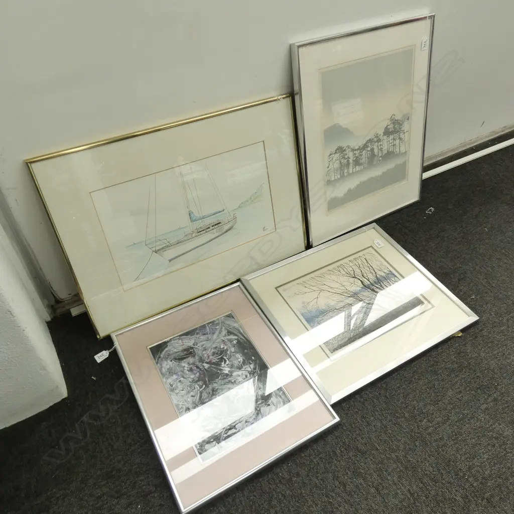4 METAL FRAMED ARTWORKS; BOB SANDERS 'PINES' 455 X 370MM, HARVEY KLYNE YACHT PENCIL, BEATTIE TREE PRINT, ABSTRACT Image 1++