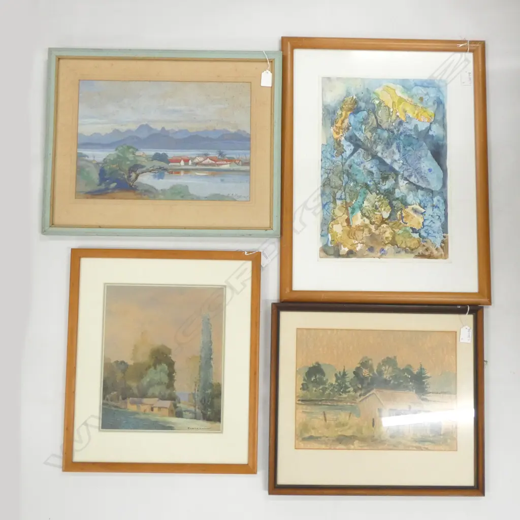 4 W/CS; K. A. VANE BLUE LANDSCAPE, ELDERSHAW COTTAGE SCENE 305 X 255MM, LAWRIE SHED, SIGNED BLUE ABSTRACT Image 1++