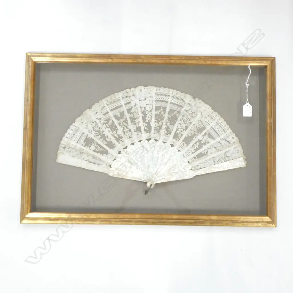 GILT FRAMED 19thC MOP & LACE FAN 485 X 715MM FRAME  Image 1++