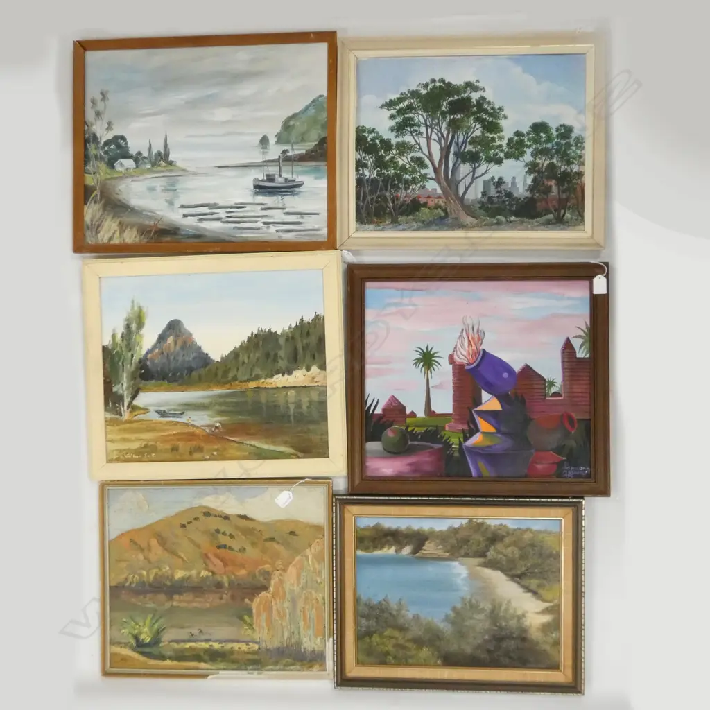 6 OIL ON BOARD ARTWORKS; TREE '67, M. DOWNEY ABSTRACT '95 385 X 440MM, M. K. 'TUTIRA', LAWRIE HARBOUR, SCOTT, WALKER Image 1++