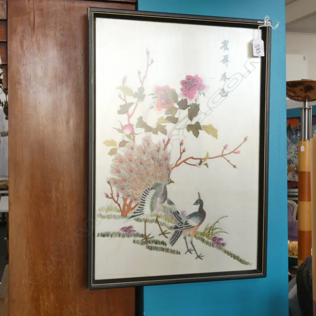 FRAMED CHINESE SILK NEEDLEWORK 470 X 320MM Image 1++