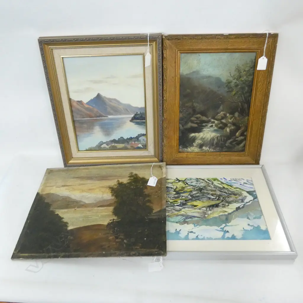 4 ARTWORKS; 19thC OIL 300 X 205MM, MEIBOWITZ W/C, UNFRAMED 19thC OIL ON BOARD, BETH BURN OIL Image 1++