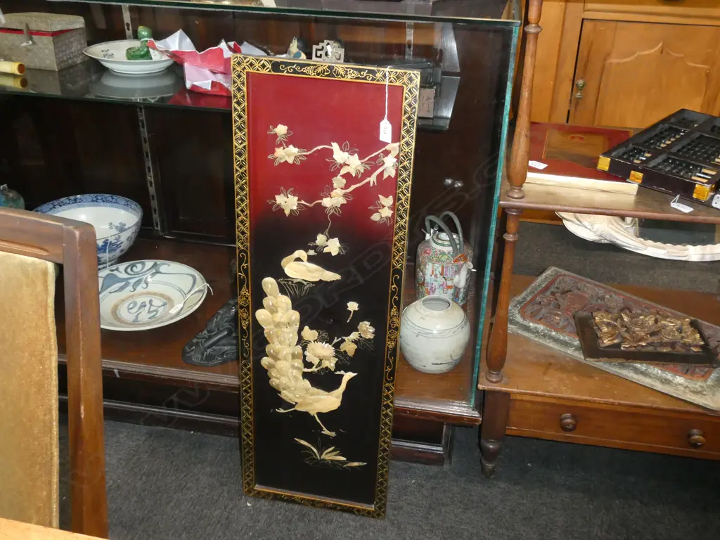 CHINESE LACQUER PANEL WITH PEACOCK DECORATION H 920 MM Image 1++